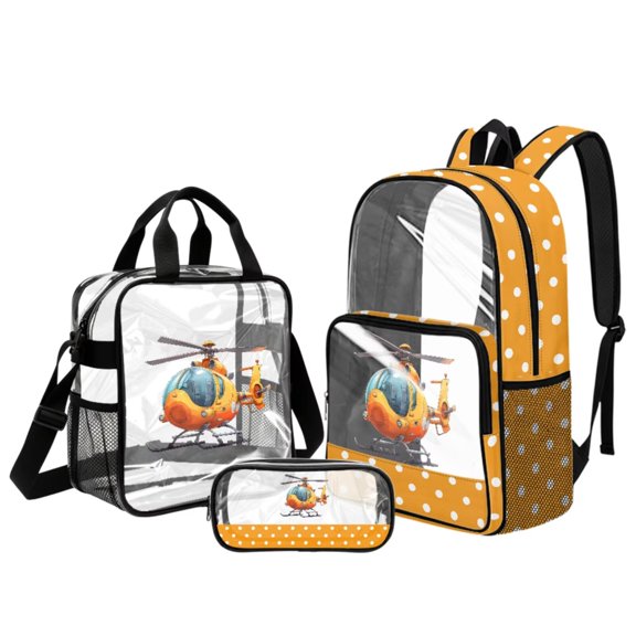 Kuiaobaty Helicopter Print Backpack and Pencil Case Set for Boys Polka Dot Print Backpack and Lunch Bag with Bottle Holder Roomy Clear Bookbag with Pencil Pouch for School