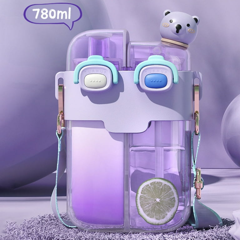 26oz Cute Kawaii Water Bottle With Straw & Direct Drink Lid - Double Compartment, Leakproof, Portable For Travel, Sports, Picnic (Purple 3D Cartoon)