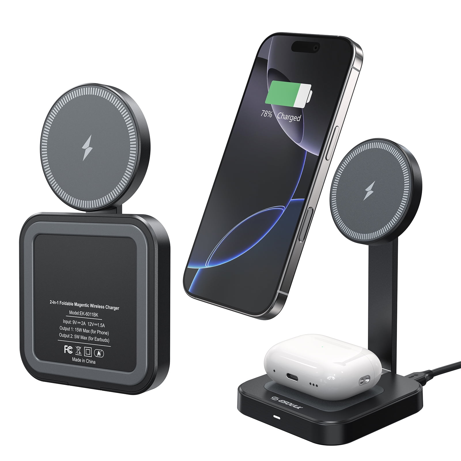 Esoulk 2-In-1  Magnetic Wireless Charger For iPhone 17 Pro Max and Airpods Pro 3