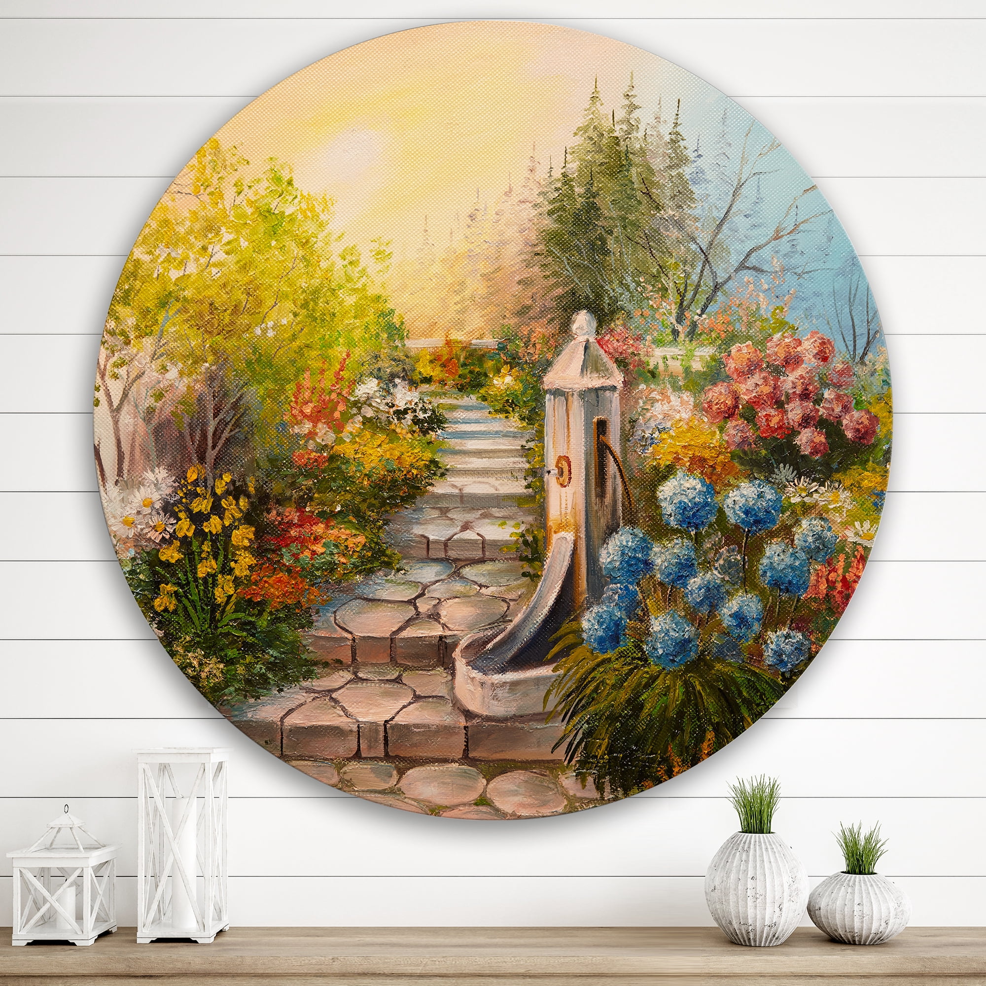 Designart 'Stone Stairs In The Blossoming Flowers Forest' Traditional Circle Metal Wall Art 36x36 - Disc of 36