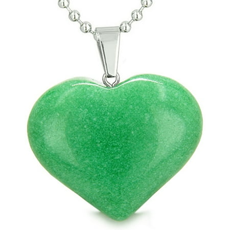 Green Rutilated Quartz Necklace - Amulet Large Puffy Heart Lucky Charm in Green Quartz Pendant 22 Inch Necklace