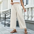 thumbnail image 4 of hlysgo Womens Casual Palazzo Pants Ruffle Wide Leg Cropped Flowy Comfort Loose Summer Beach Trousers with Pockets Beige,M, 4 of 5