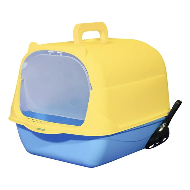 Caja de arena para gatos con capucha Caja de arena para mascotas Inodoro para gatos cerrado y cubierto Portátil Fácil de limpiar Desmontable para De Mano Azul Amarillo Yinane Bandeja de arena para gatos