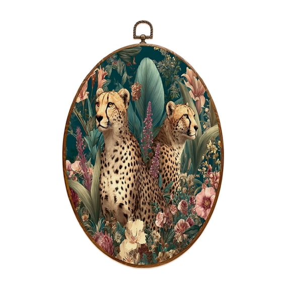 Animal Canvas Wall Art Elegant Cheetahs Among Vibrant Floral Tropical Foliage Oval Framed Canvas Prints Vintage Wall Hanging Decor for Home Decorations 8.6"x11.4"