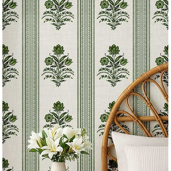 S4Sassy Floral Striped Wallpaper - Green Wall Covering, 25" X 120" Self-Adhesive Vinyl Walls Paper, Wall Wrap, Easy Diy Walls Covering For Farmhouse Bedroom, Living Room, Cabinets, Living Spaces