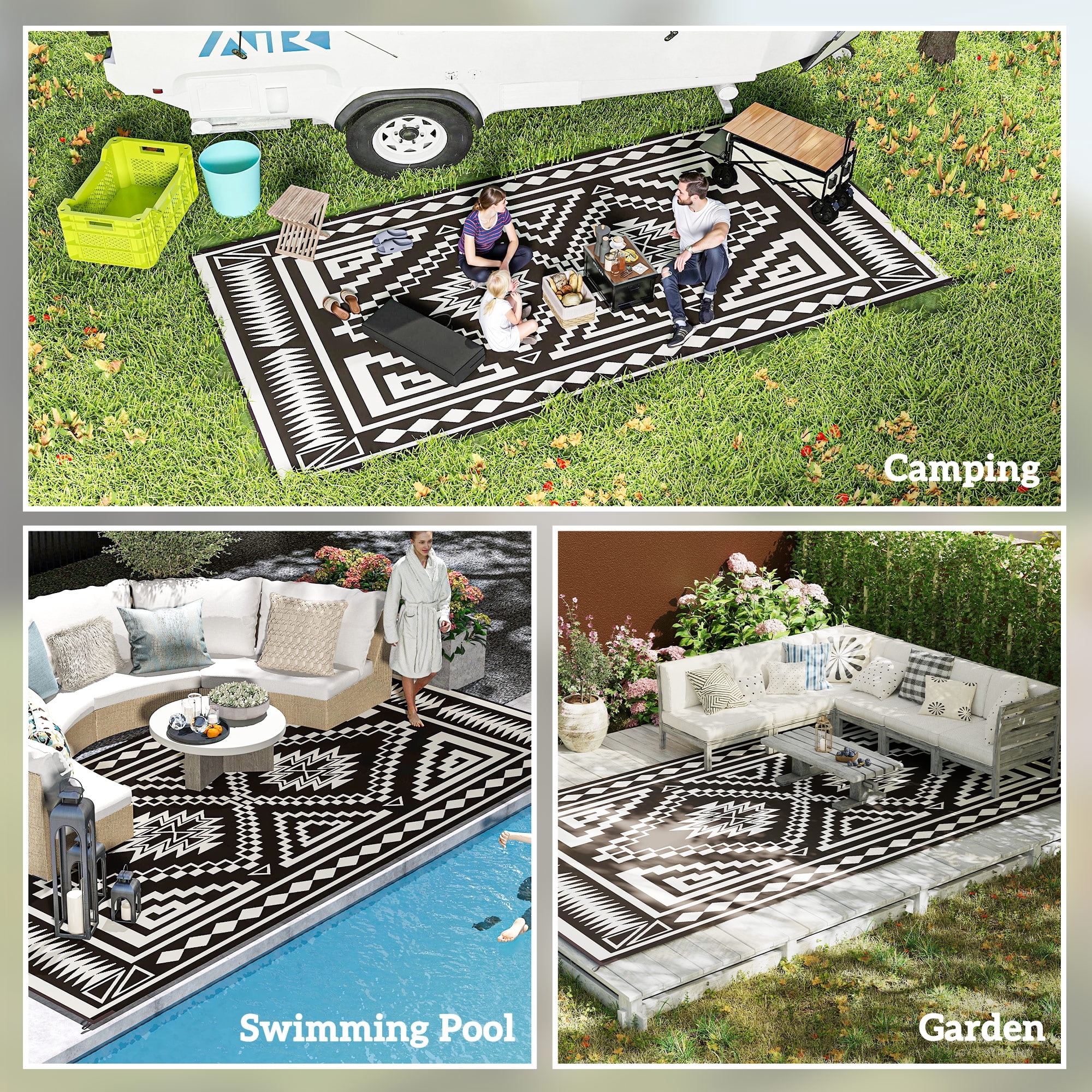 Outsunny Outdoor Patio Rug, Large Camping Carpet with Carrying Bag, 9' x 18' Waterproof Plastic Straw, Reversible, Black & White Square Patchwork