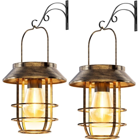 Solar Lanterns Outdoor Waterproof, High Brightness Hanging Solar Lights for Outside with Wall Hooks, Retro Metal Outdoor Lanterns Auto On/Off for Porch, Patio, Yard Decor 2 Pack