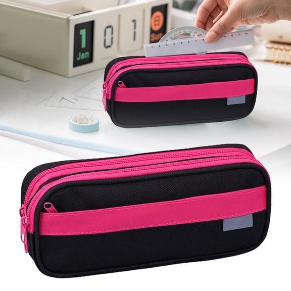 YSKING Large Capacity Hot Pink Pencil Case,8.66in Triple Zipper Oxford Pouch,Multi Compartment Stationery Organizer for Office College Makeup Storage,Single Aesthetic Pen Storage Bag