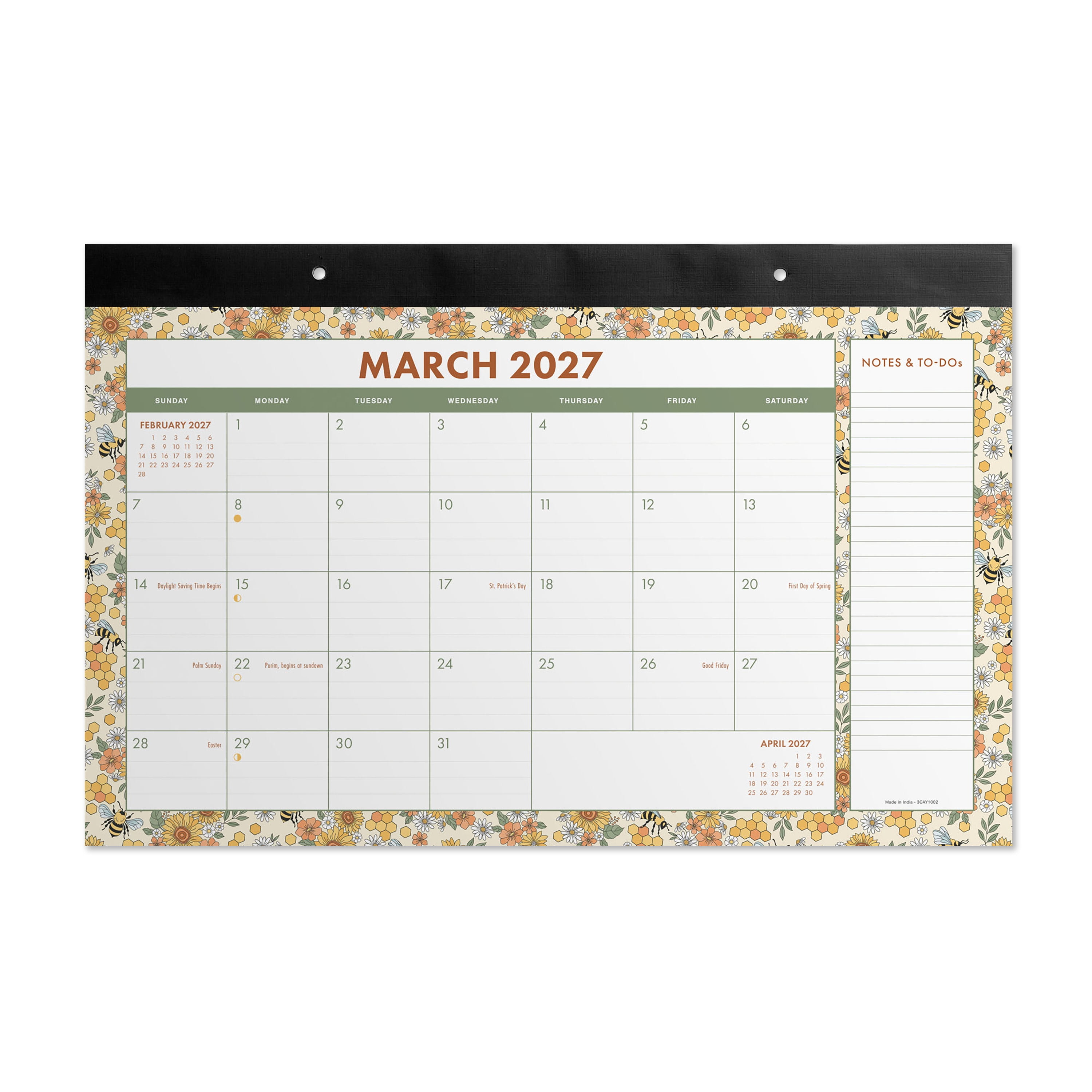 Pen+Gear Monthly Desk Pad Calendar 17x11 Bees Design January 2027-December 2027