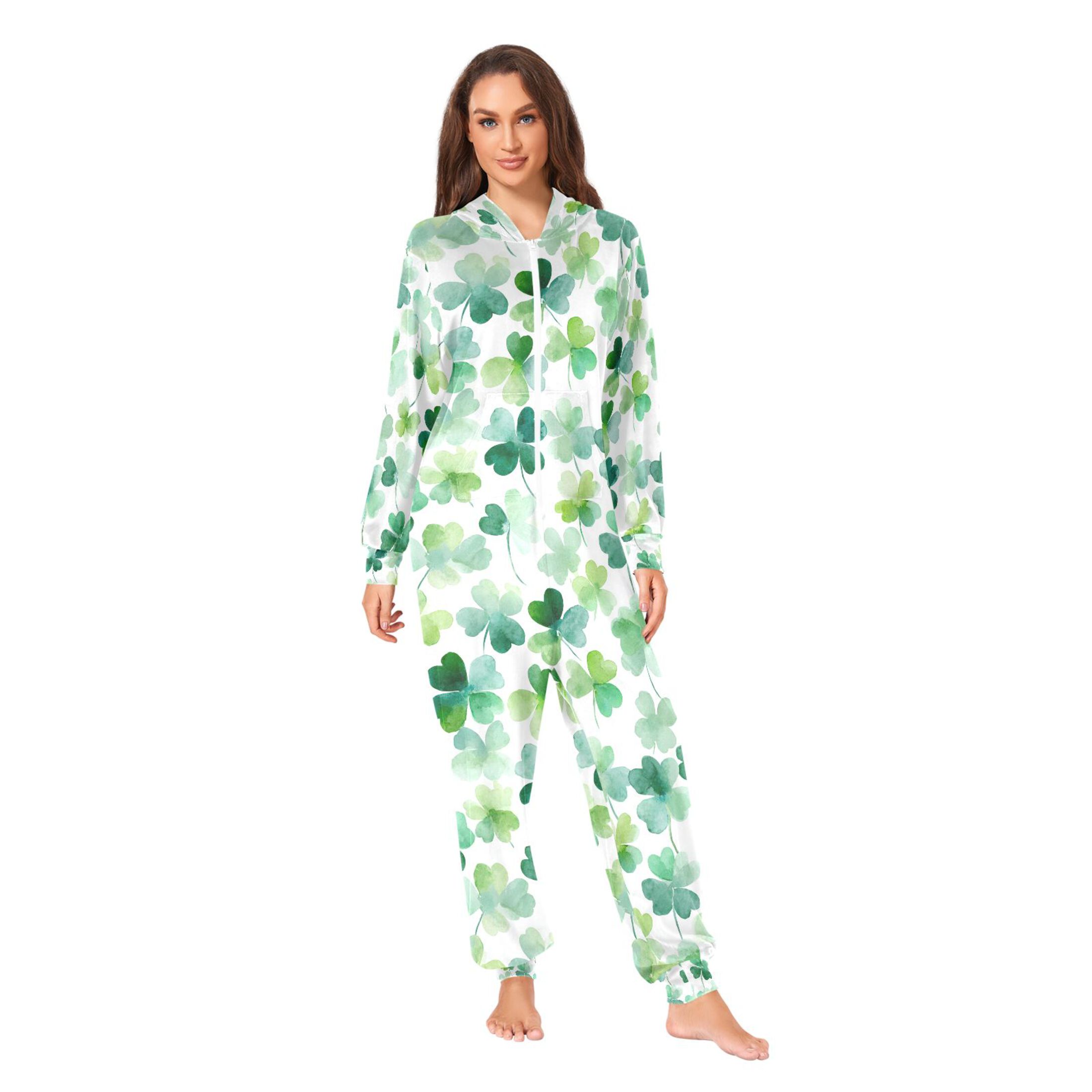 Adult Christmas Onesie Many Four-leaf Clovers Adult Zipper One-Piece Pajamas Unisex Pajamas with Pockets
