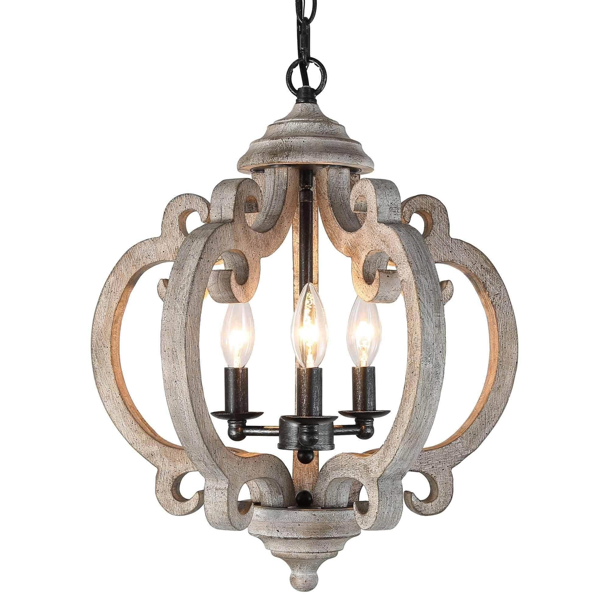 LNC 4-Light Grayish White Wood and Rustic Black Farmhouse Empire Chandelier, Orb Candle