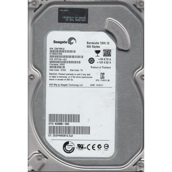 ST3500413AS, Z2A, TK, PN 9YP142-021, FW HP63, Seagate 500GB SATA 3.5 Hard Drive