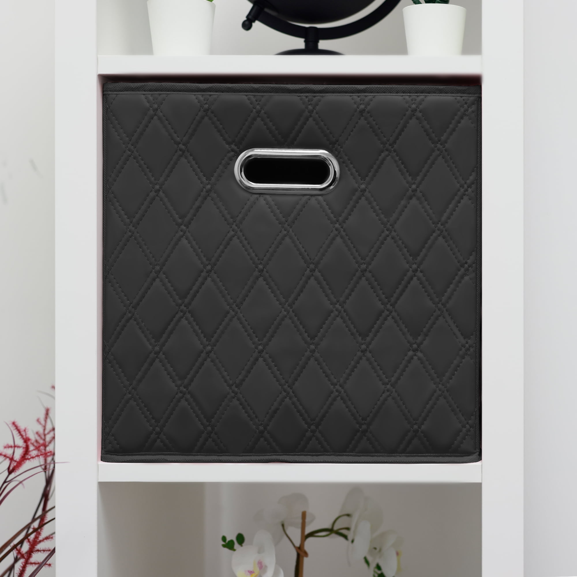 JIAessentials Set of 4 Foldable Faux Leather Cube Storage Bins Collapsible Baskets 12 inch with Dual Handles - Black Medium