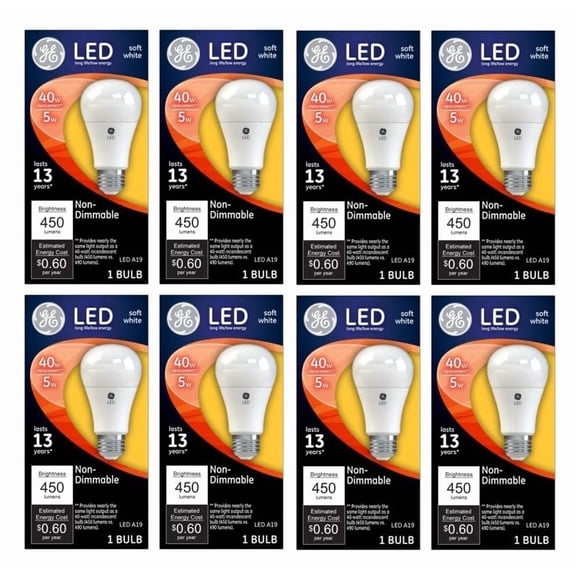 (8 bulbs) GE Lighting 61956 LED A19 Light Bulb, Soft White, 450 Lumens, 5-Watt, non-dimmable