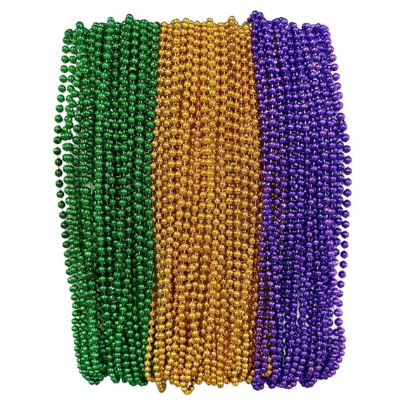 Purple Green and Gold Mardi Gras Beads 33 inch 7mm, 6 Dozen, 72 Necklaces