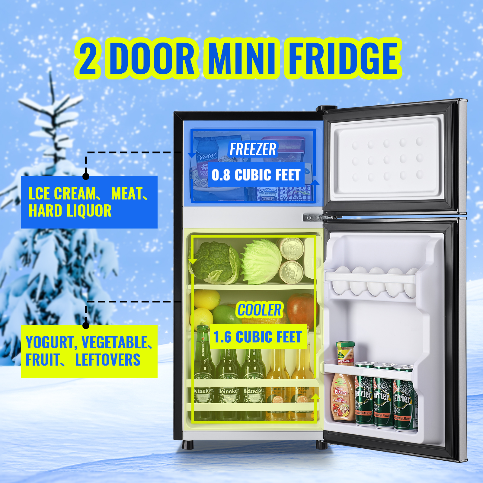 Tacool Apartment Size Mini Fridge Dual Door 2.4Cu.ft Dorm Small Refrigerator with Freezer, Silver, New