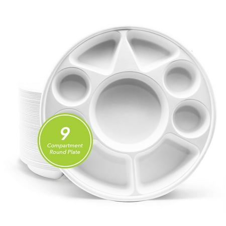 Three Leaf 9 Compartment Bagasse Round Plate, 25 Ct. Heavy-Duty- Super Strong- Natural- Eco-Friendly Disposable Bagasse Plates, 100% Biodegradable