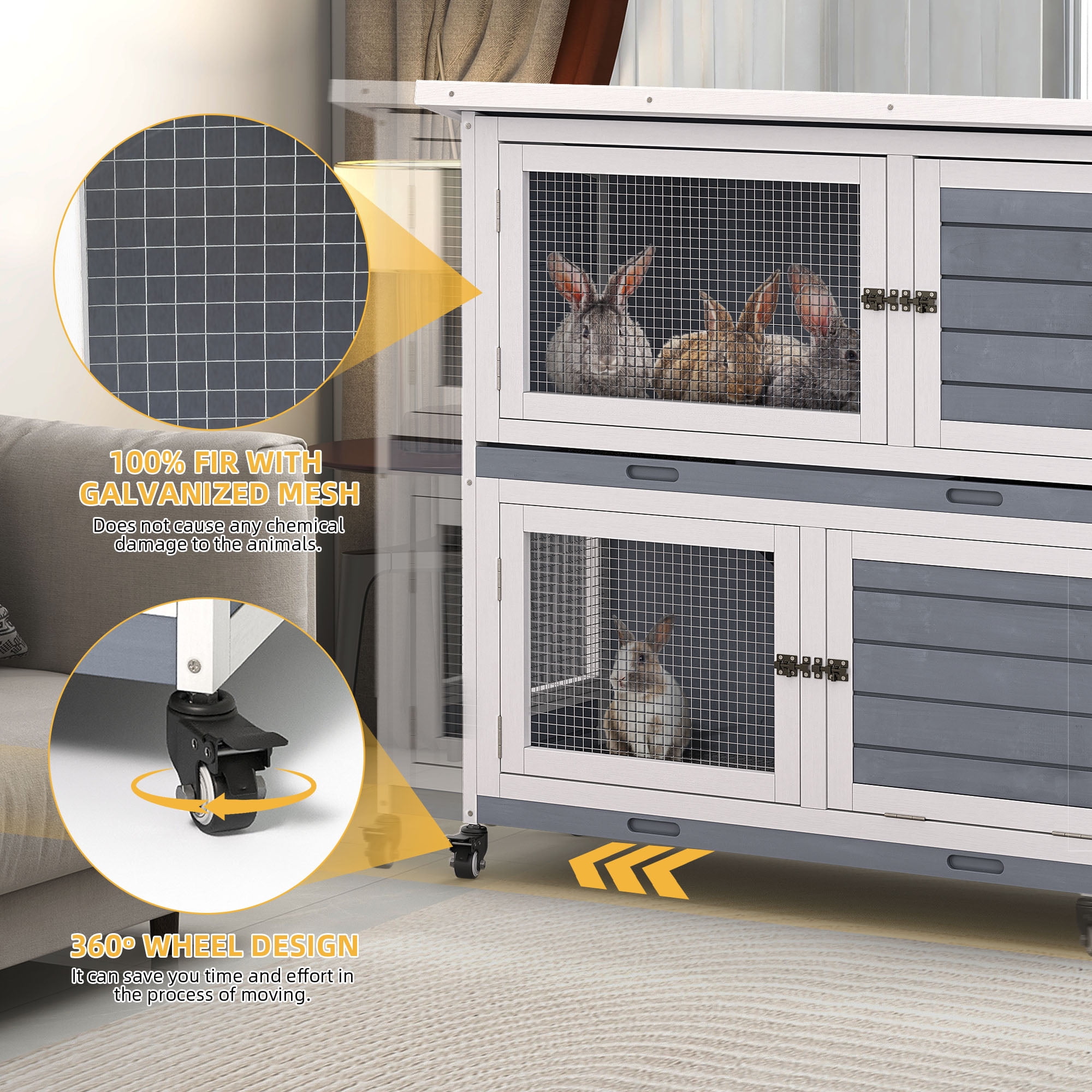 Uforic Rabbit Hutch Bunny Cage Indoor Outdoor with Removable Tray and Wheels
