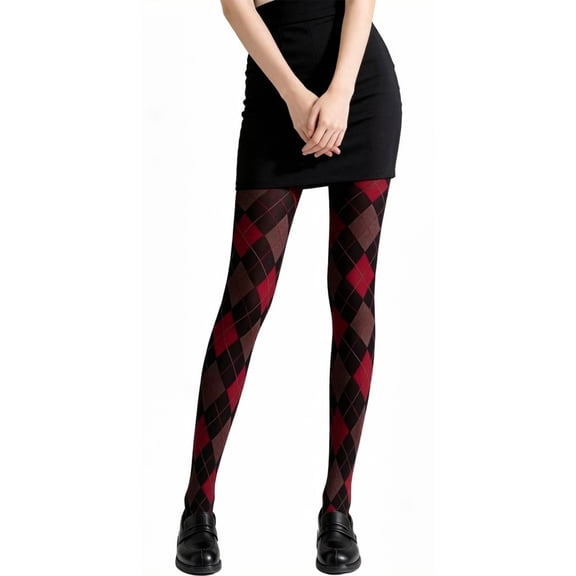 Women's Dark Diamond Pattern Velvet Tights - Vintage Style Pantyhose for Spring & Fall