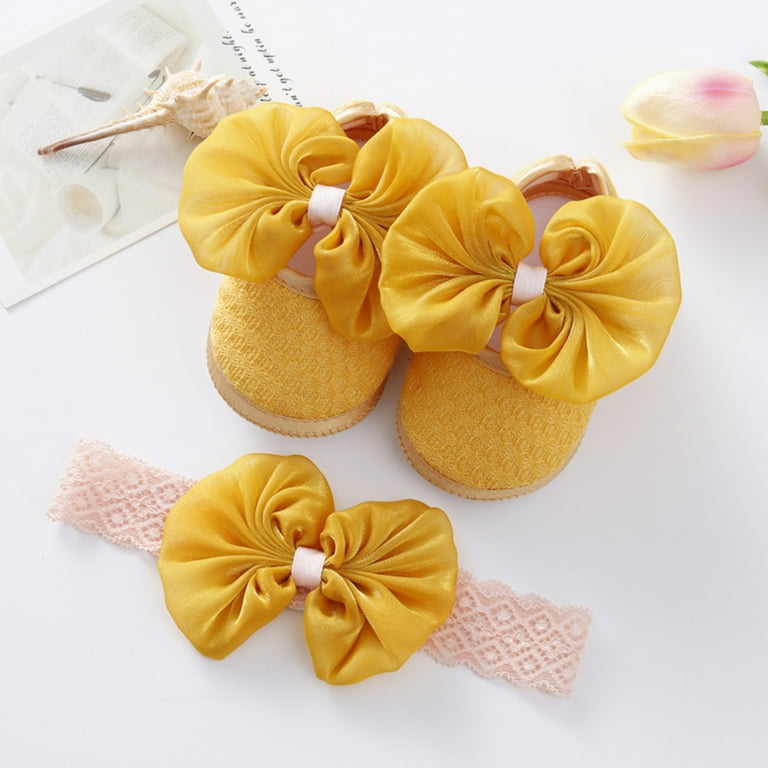 Baby Girls Princess Bowknot Shoes + Headband Set - Soft Velvet Crib Shoes With Cloth Sole, Navy Blue, Size 12