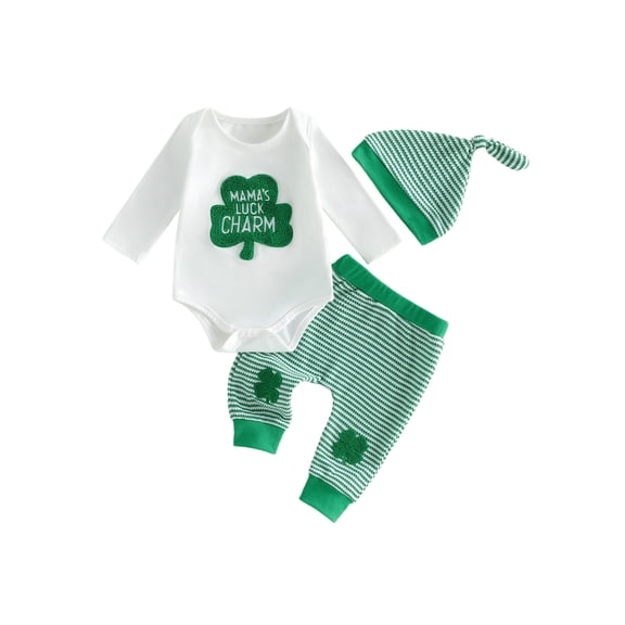 My First St Patricks Day Baby Boy Girl Outfits Mama‘s Luck Charm Letter Shamrock Embroidery Long Sleeve Romper Stripe Pants and Hat 3Pcs Casual Spring Clothes Set