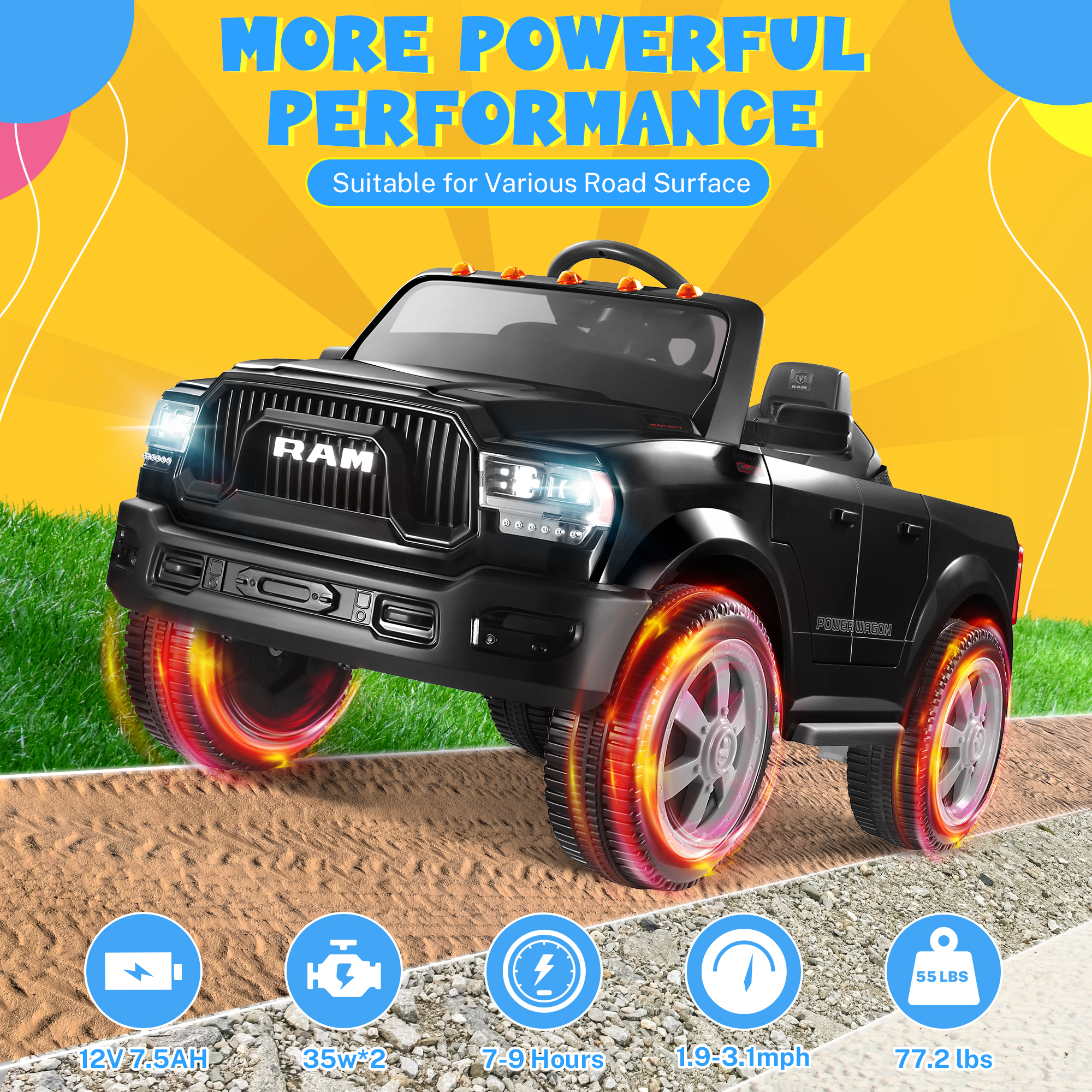 Ram Ride on Cars, 12V Licensed Powered Dodge Ram Ride on Toy Car with Remote Control, Electric Truck Car for Kids 3-5 w/Music Player/LED Headlights/Safety Belt/Water Cup Holder, Black