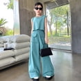 thumbnail image 2 of CPNG Girls Clothes Summer 2 Piece Outfit Set Raw Fringed Denim Sleeveless Vest Top and High Waist Wide Leg Pants Summer Outfits Set(Green,9-10 Years), 2 of 7