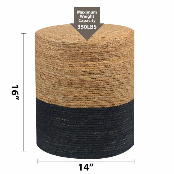 Ottoman Poof, Natural Seagrass Poufs, Hand Weave Round Footstool, Pouffe Accent Chair, Sitting Braided Footrest W/Jute Cover, Home Decorative Seat for Living Room