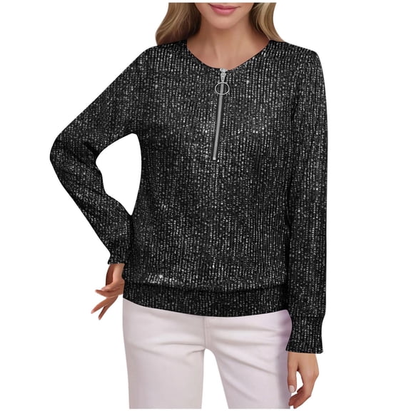Women Quarter Zip Pullover Sparkly Long Sleeve Sequin Pullover Sweatshirt Top Party Outwear Ladies Shiny Tunic Shirt Black XXL