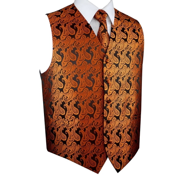 "BEST TUXEDO" Men's Formal, Wedding, Prom, Homecoming, Tuxedo Vest, Tie & Hankie Set - Burnt Orange Paisley