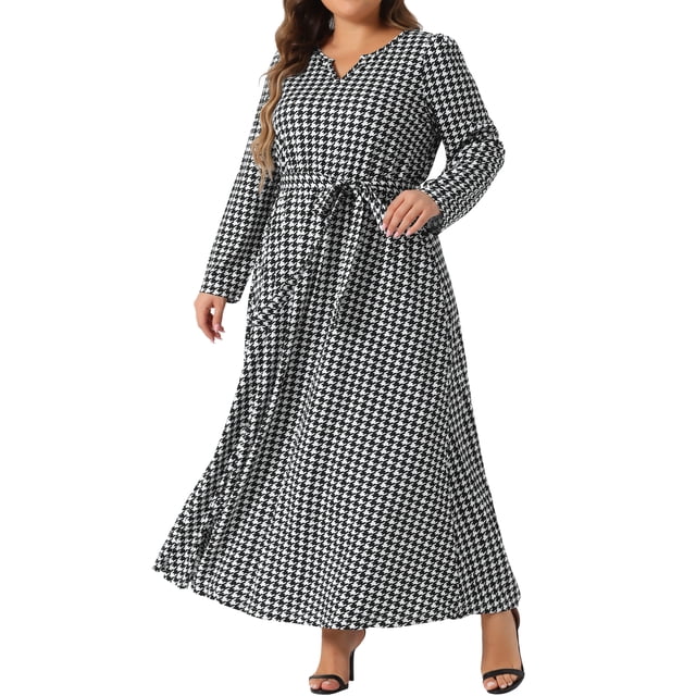 GRACE & GRANDEUR Women's Plus Size Notched V Neck Long Sleeve Dress a Line Maxi Tie Waist Dresses Casual Work Elegant