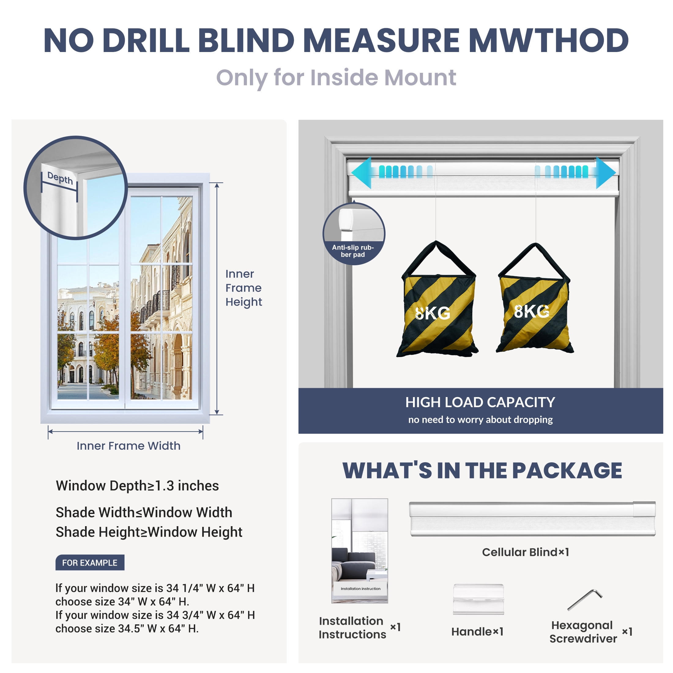 ZimJAHO No Drill No Tools Cellular ShadesBlackout Color-Matched Honeycomb Blinds Easy to Install Cordless Cellular Blinds for Windows, Light Filtering-White, 61"W x 48"H