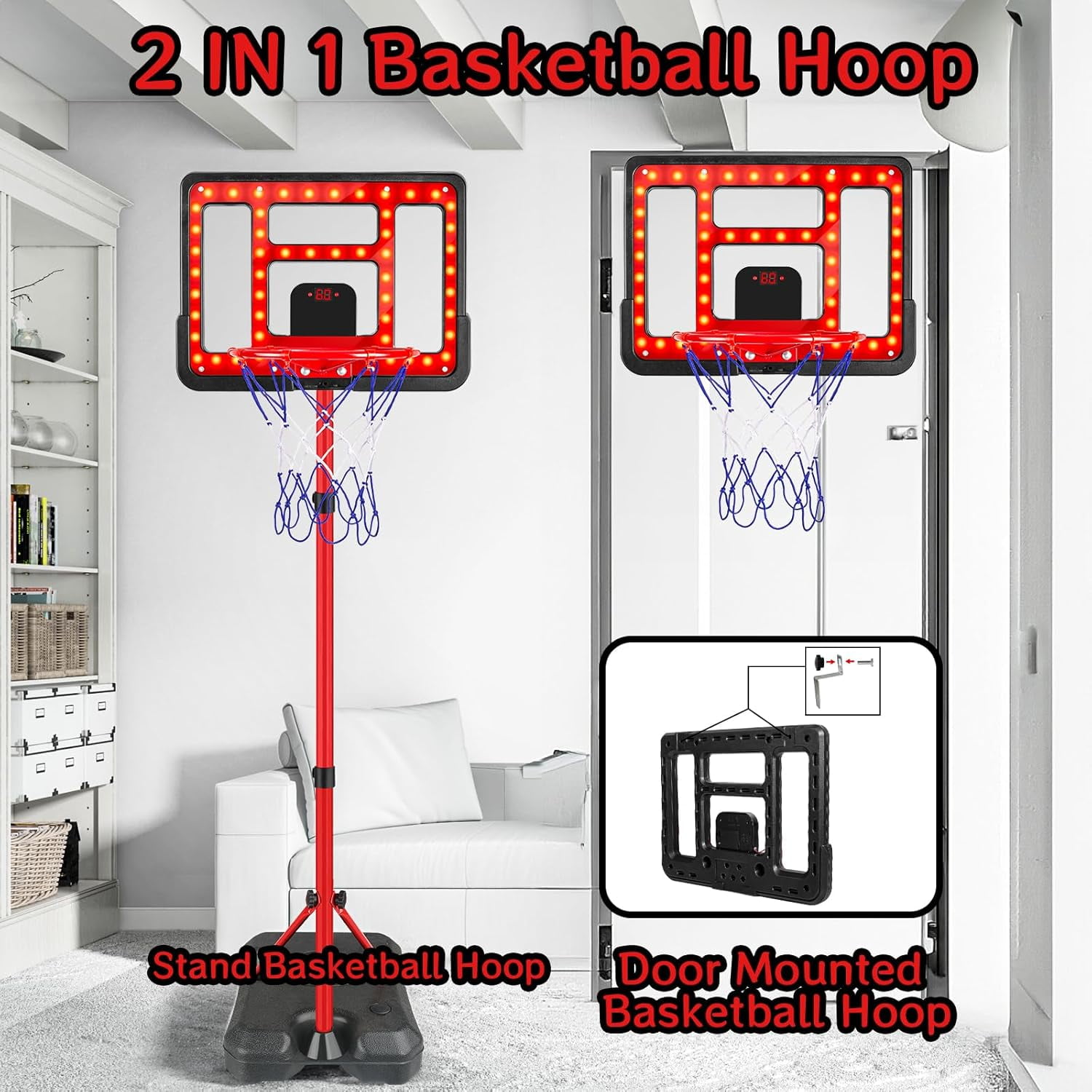 Adjustable Height Kids Basketball Hoop 3.5FT-6.2FT with Scoreboard & LED Light, Portable Indoor & Outdoor Basketball Goal for 3-8 Years Boys and Girls