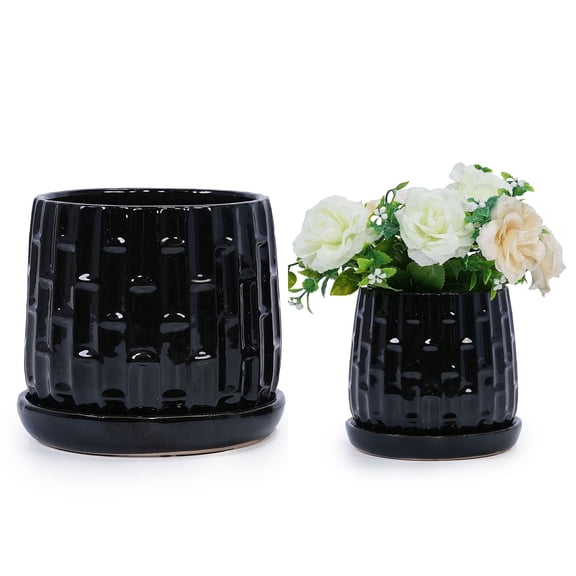 CQSXDA 2-Pack Black Ceramic Planters, 8" 6" Modern Indoor Outdoor Flower Pot w/Drainage