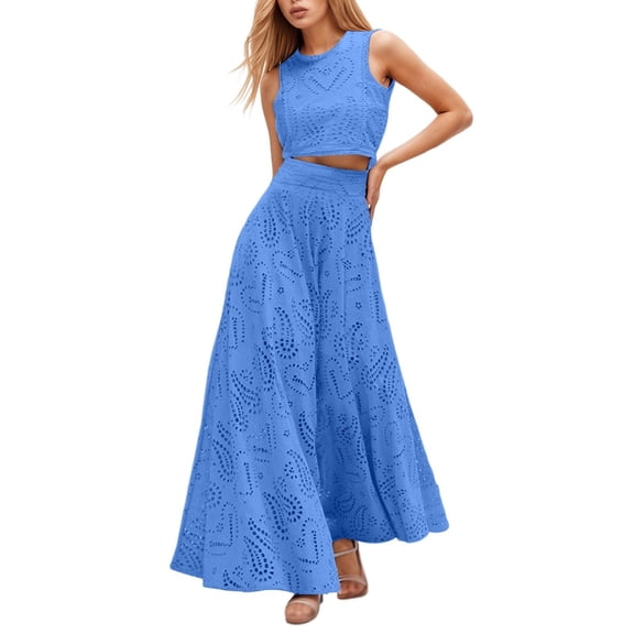 HXWCHs Elegant Sleeveless Long Skirt Suit with Intricate Lace Detailing for Casual Wear and Seasonal Versatility L Blue