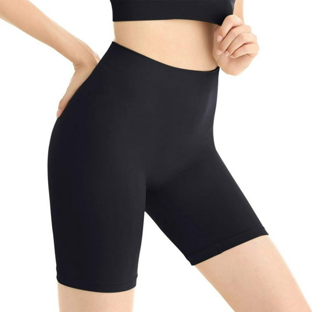 Pantalones cortos lisos con costuras para mujer: braguitas lisas de cintura alta para llevar debajo de vestidos o leggings, para uso diario informal, con tejido de poliéster elástico.