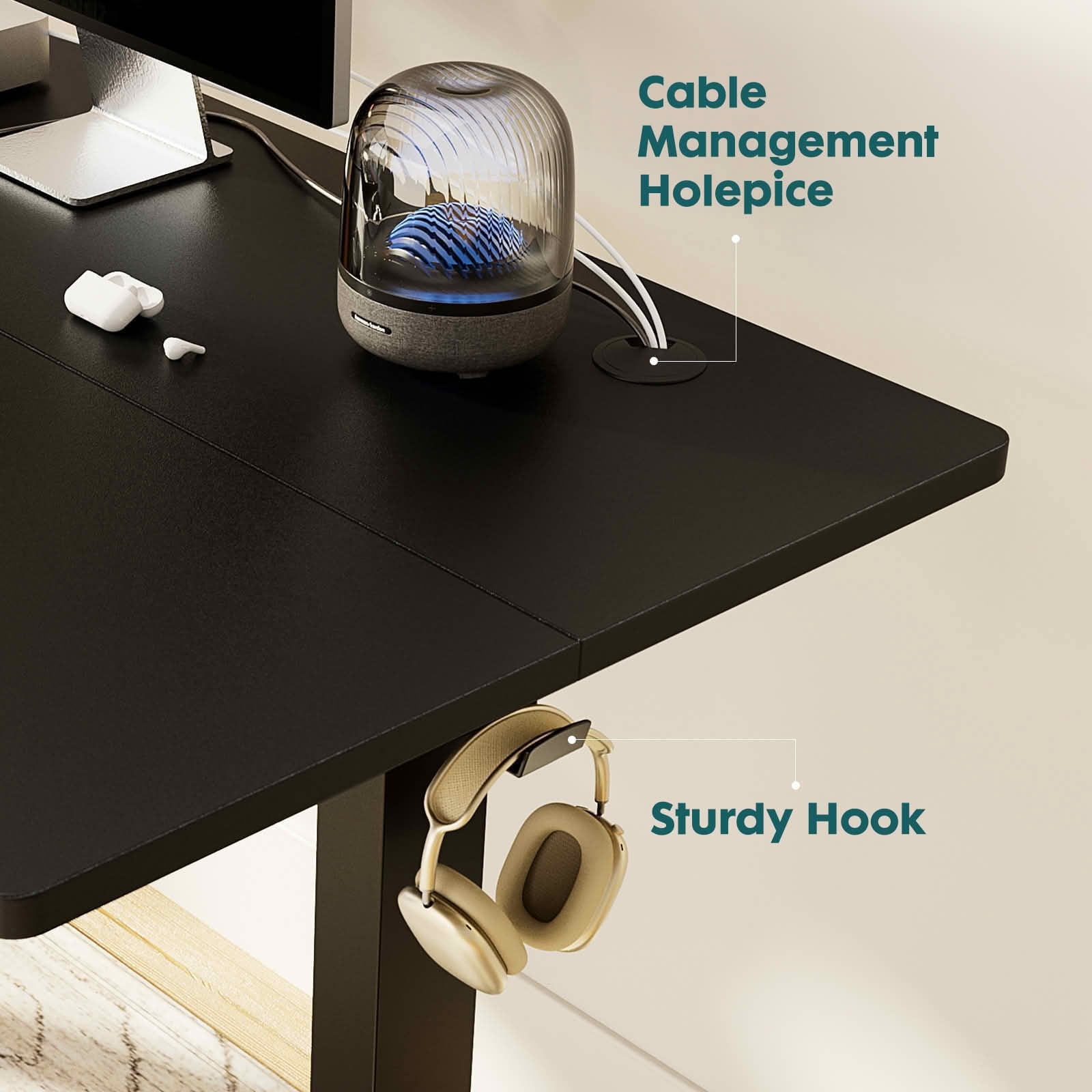 MAYEERTY 55x24 Ergonomic Height Adjustable Desk, T-Shaped Metal Bracket, Computer Workstation, Black