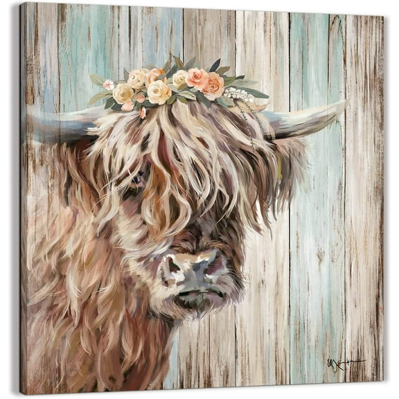 Mindunm Vintage Highland Cow Wall Decor 12" x 12' Framed Painting Canvas Print