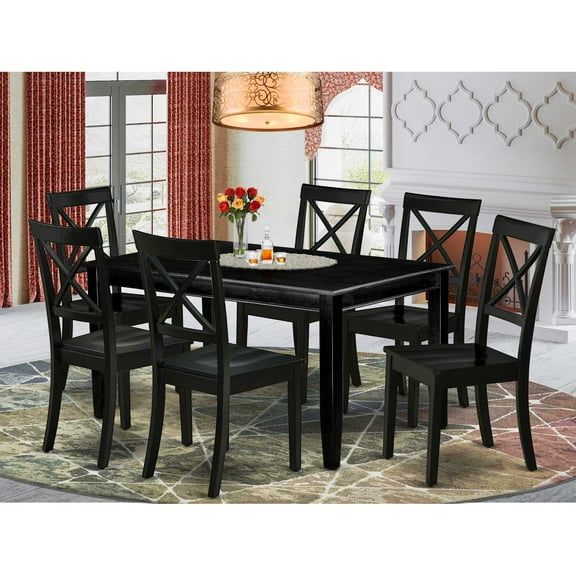 DUBO7-BLK-W 7Pc Rectangle 60 Inch Family Table And 6 Wood Seat Kitchen Chairs
