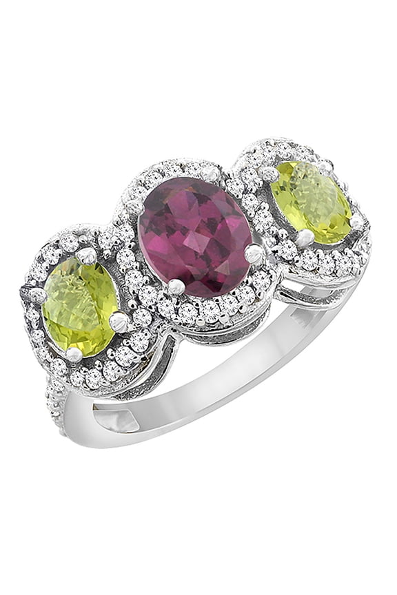 10K White Gold Natural Rhodolite & Lemon Quartz 3-Stone Ring Oval Diamond Accent, size 5