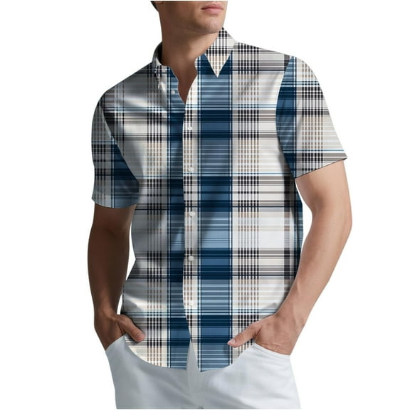 Men's Casual Polo Shirts Short Sleeve Golf Shirts Plaid Printed Button-up Athletic Workout Shirts