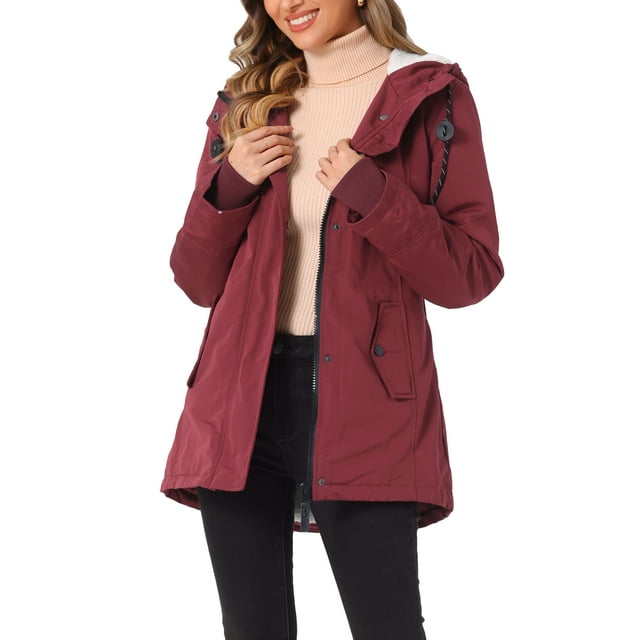 Abrigo parka para mujer Inspire Chic con cinturón, bolsillos, mangas largas y capucha de piel sintética, color rojo