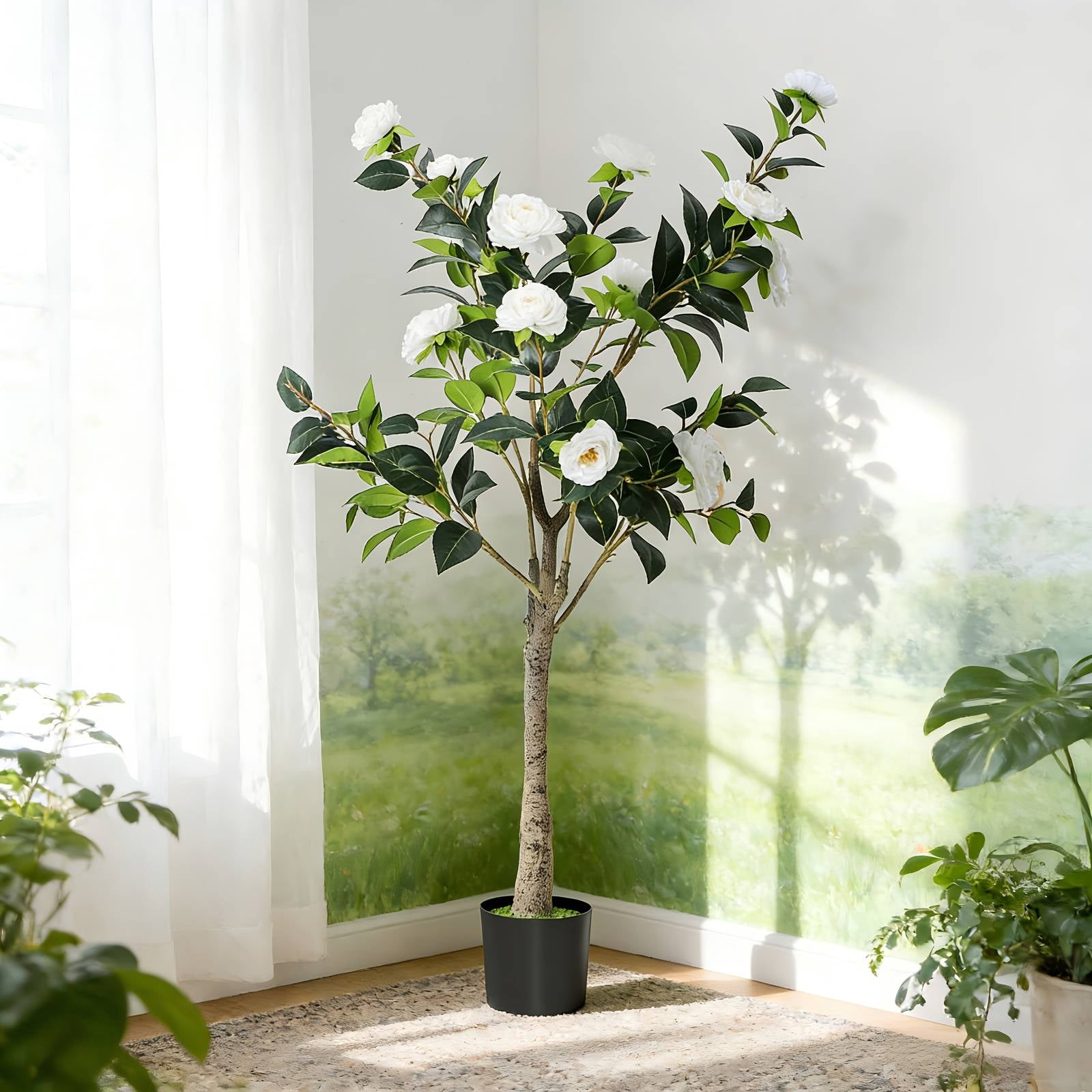 2 Pack 4FT Artificial Camellia Flowers Tree, Fake Camellia Plant Potted with Faux Greenery Leaves, Realistic Blooming Faux Floral Tree for Indoor Outdoor Home Decor, Yard Patio Office Porch White