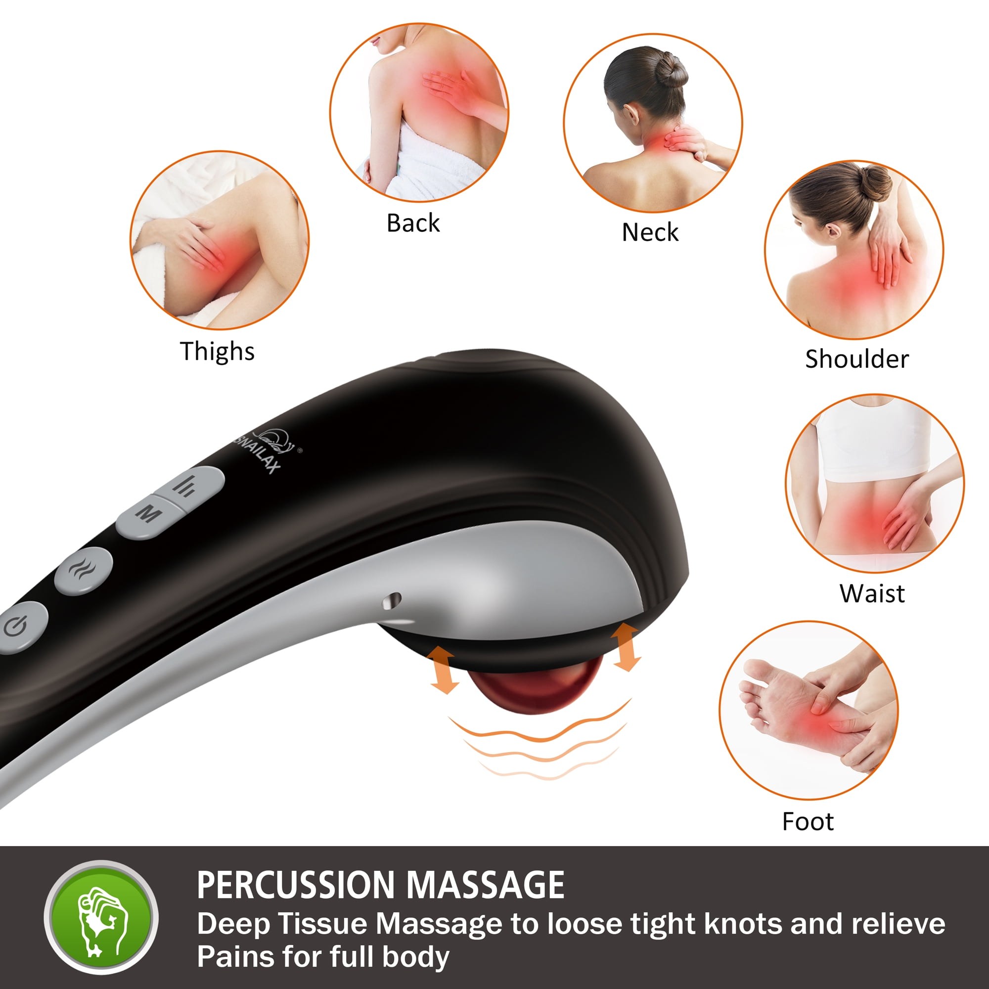 Snailax Cordless Handheld Back Massager with Heat,Deep Tissue Percussion  Massager, 3 Sets of Dual Pivoting Heads,Rechargeable Hand Held Massager for  Neck,Back Shoulder,Calf,Legs 