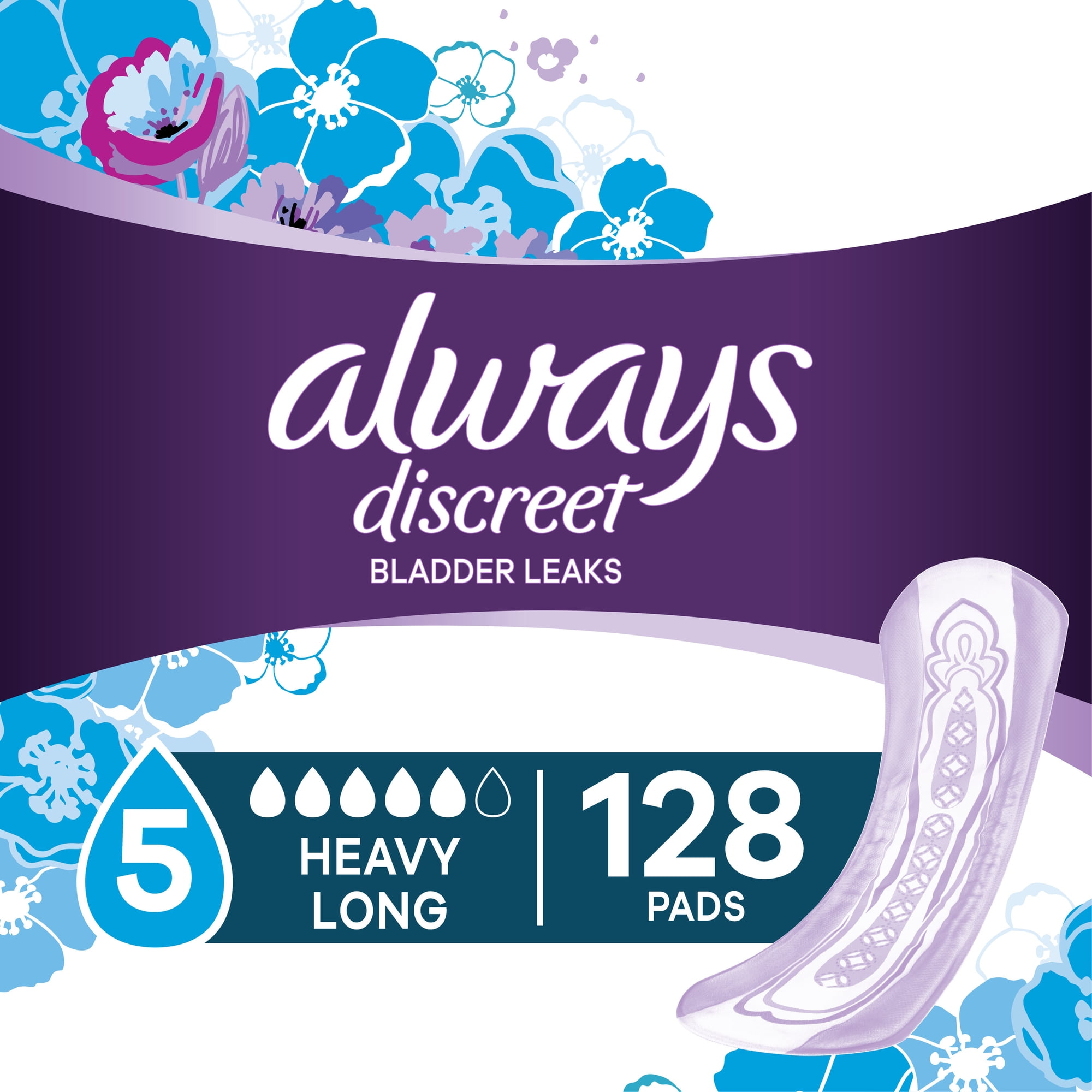 Always Discreet Incontinence Pads for Women, Heavy Absorbency, Long Length, 128 Ct