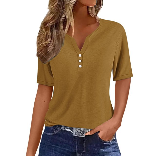 Yuyuzo Womens Summer Tops Notch V Neck Button Tunic Tops Short Sleeve Loose Summer Basic Tee Shirts