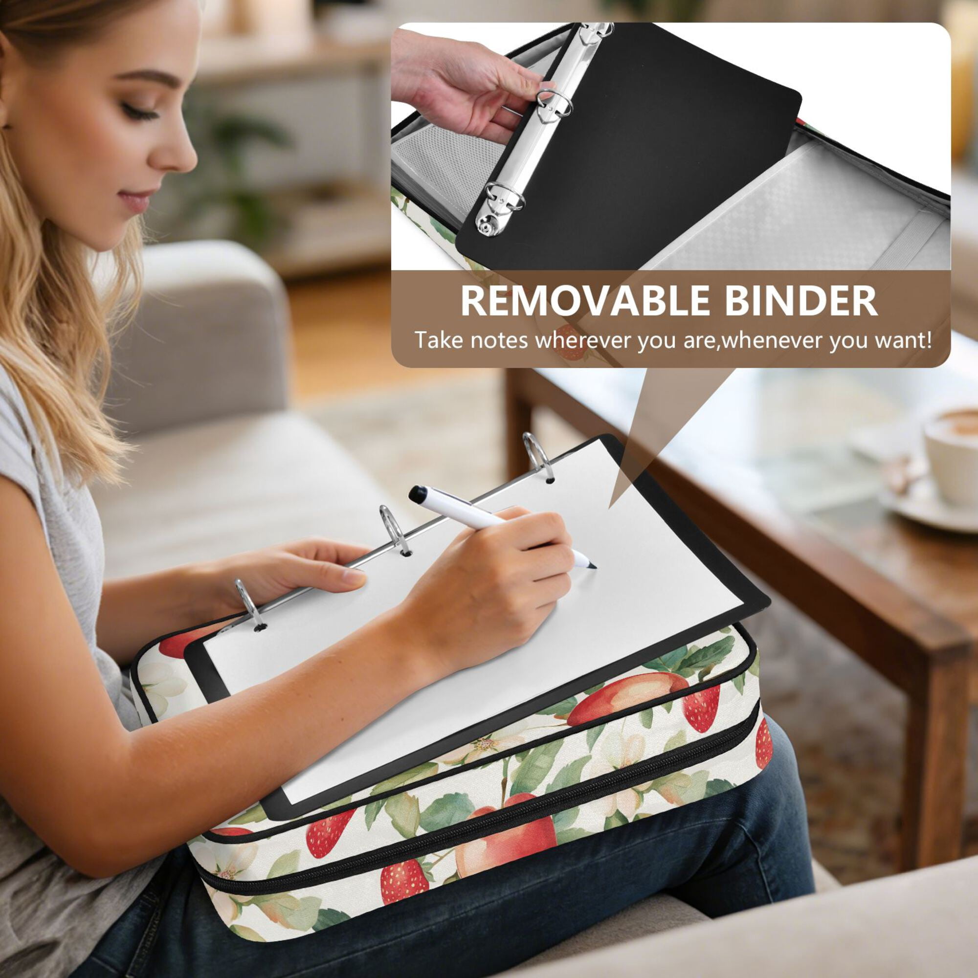 FORMRS Accordion File Folder A4 Size 7-Pocket Expanding Document Organizer Bag with 3 Ring Binder, Beige Apple Pattern