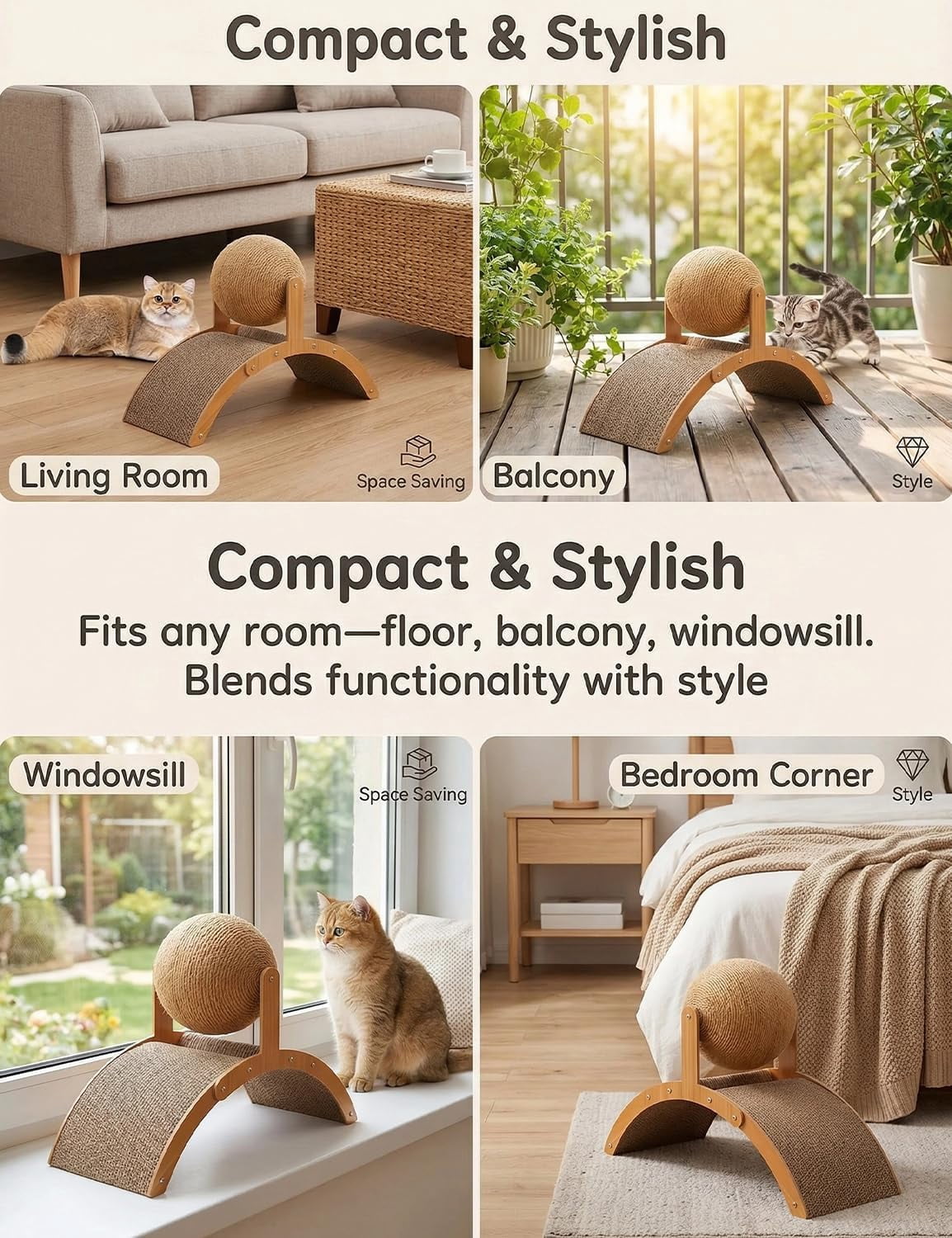 Cat Scratching Ball on Stand, Wobble Ball Cat Scratcher with 360° Rotating Sisal Ball, Interactive Cats Arch Scratcher Toy for Indoor Cats, Wear