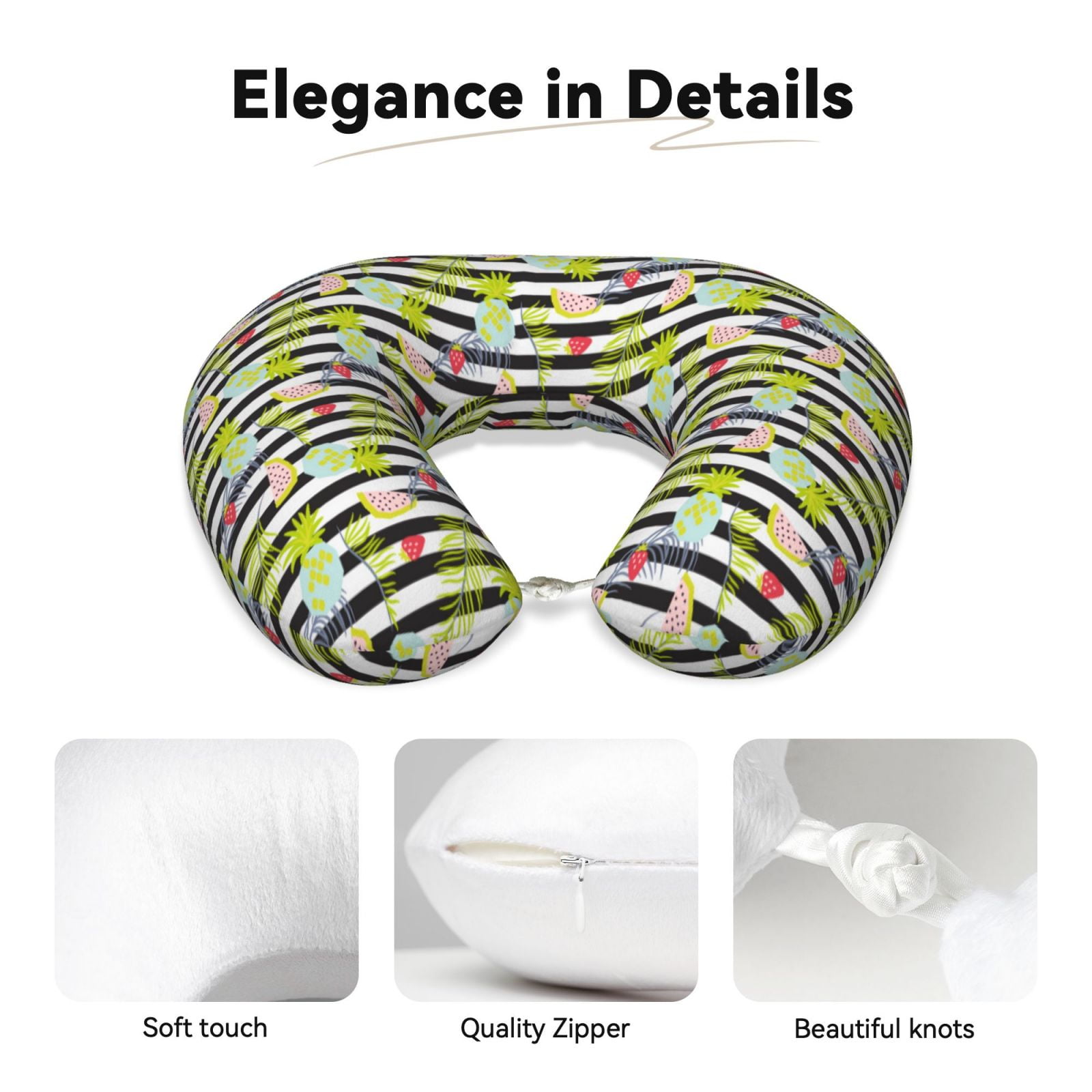 Xecao Striped With Palm Tree Branches Print Memory Foam Cervical Neck Pillow Versatile U-Shaped Pillows for Home,Office,Camping,Travelling,Soft Washable Cover