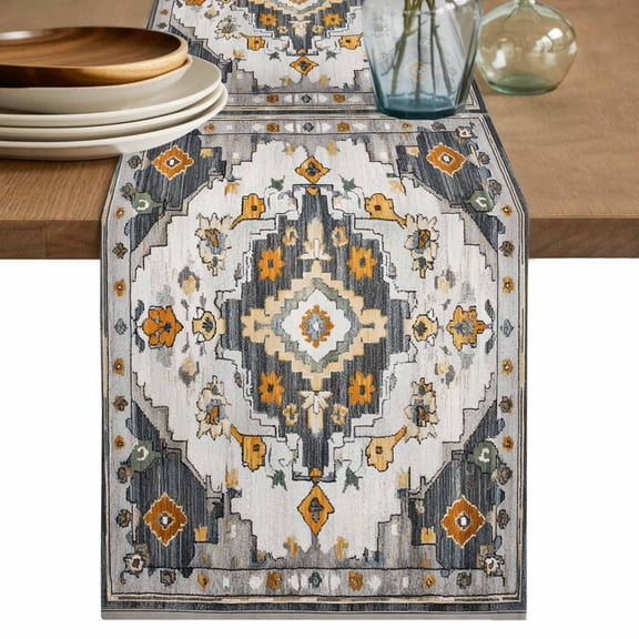 Vintage Orange Flowers Pattern Table Runner, Traditional Bohemian Cotton Linen Kitchen Table Decoration Washable Dining Tabletop Runners for Home Party Decor 18x72 Inches